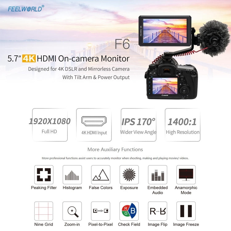 شاشة مراقبة ميدانية للكاميرا FEELWORLD F6 1920x1080 مقاس 5.5 بوصة IPS HDMI 4K، F6