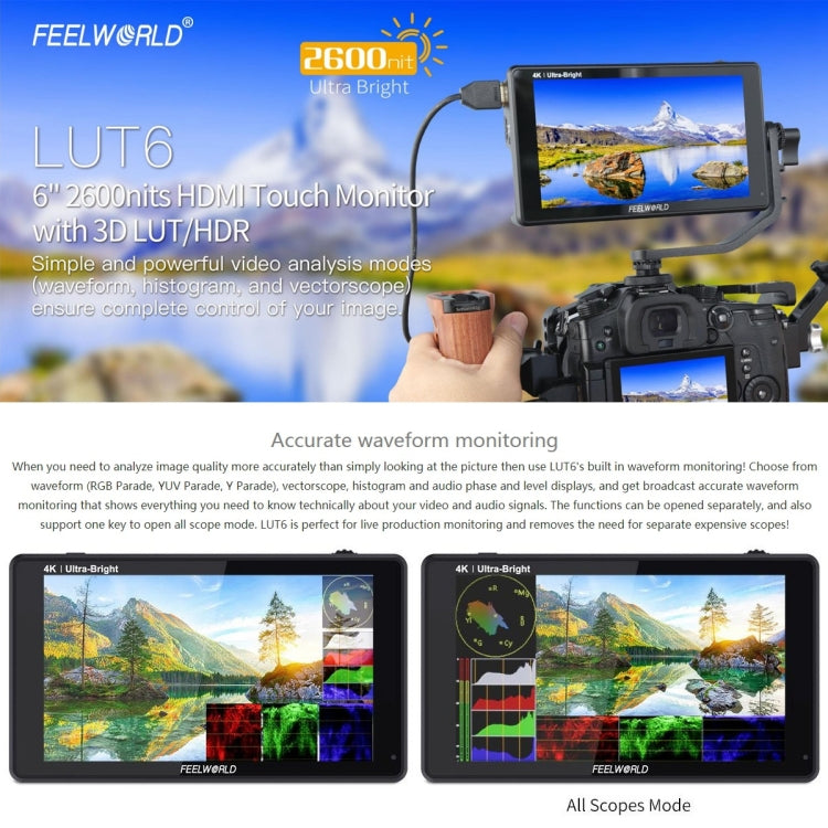 شاشة FEELWORLD LUT6 1920x1080 2600 nits IPS مقاس 6 بوصات HDMI 4K تعمل باللمس وكاميرا مراقبة ميدانية، LUT6