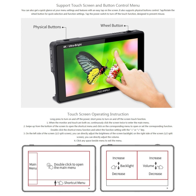 شاشة FEELWORLD LUT6 1920x1080 2600 nits IPS مقاس 6 بوصات HDMI 4K تعمل باللمس وكاميرا مراقبة ميدانية، LUT6