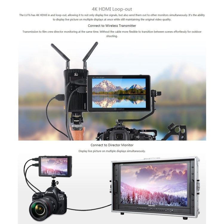 شاشة FEELWORLD LUT6 1920x1080 2600 nits IPS مقاس 6 بوصات HDMI 4K تعمل باللمس وكاميرا مراقبة ميدانية، LUT6