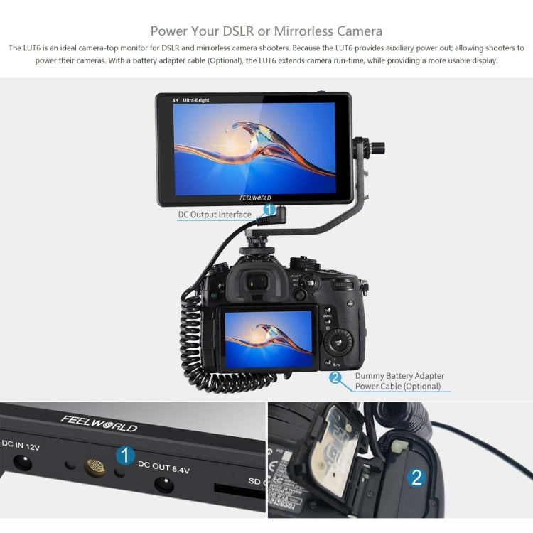 شاشة FEELWORLD LUT6 1920x1080 2600 nits IPS مقاس 6 بوصات HDMI 4K تعمل باللمس وكاميرا مراقبة ميدانية، LUT6