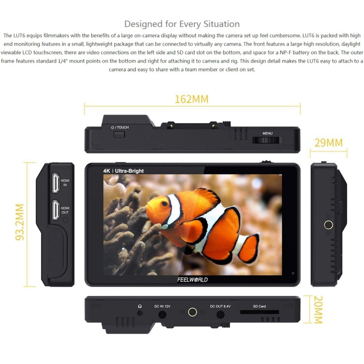 شاشة FEELWORLD LUT6 1920x1080 2600 nits IPS مقاس 6 بوصات HDMI 4K تعمل باللمس وكاميرا مراقبة ميدانية، LUT6