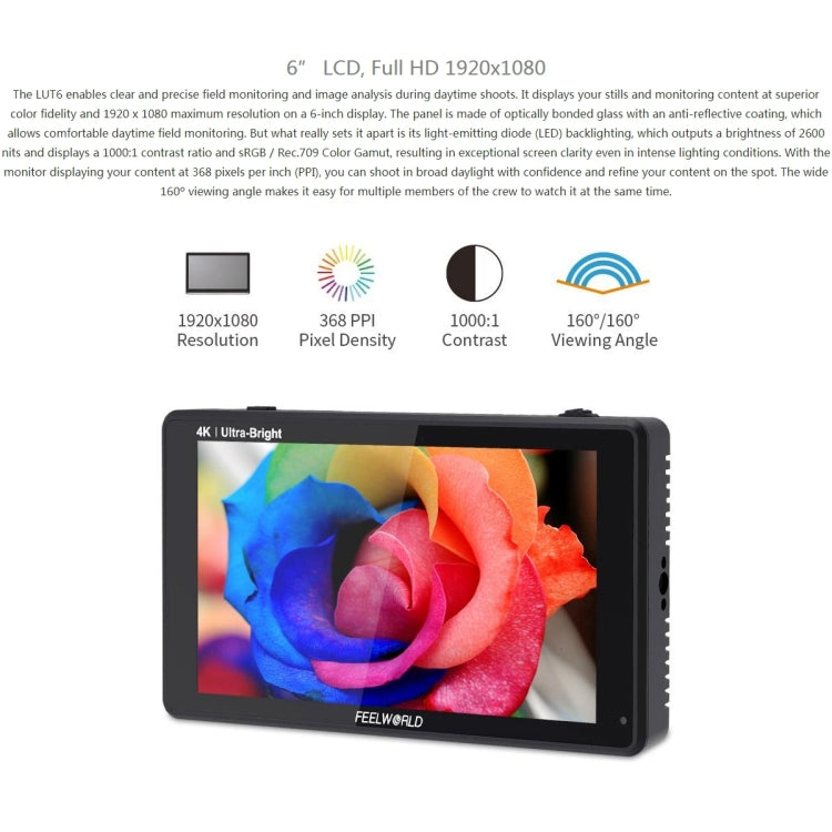 شاشة FEELWORLD LUT6 1920x1080 2600 nits IPS مقاس 6 بوصات HDMI 4K تعمل باللمس وكاميرا مراقبة ميدانية، LUT6