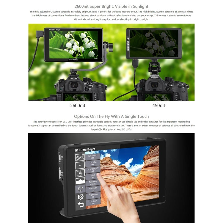 شاشة FEELWORLD LUT6 1920x1080 2600 nits IPS مقاس 6 بوصات HDMI 4K تعمل باللمس وكاميرا مراقبة ميدانية، LUT6