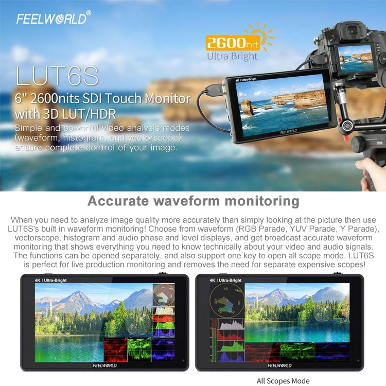شاشة FEELWORLD LUT6S 1920x1080 2600 nits IPS مقاس 6 بوصات وشاشة لمس HDMI 4K وSDI HDI وكاميرا مراقبة ميدانية، LUT6S