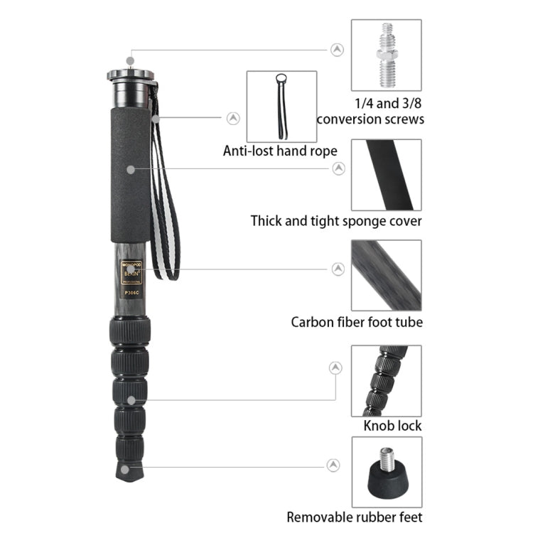 BEXIN P306C Portable Travel Outdoor DSLR Camera Carbon Fiber Monopod Holder