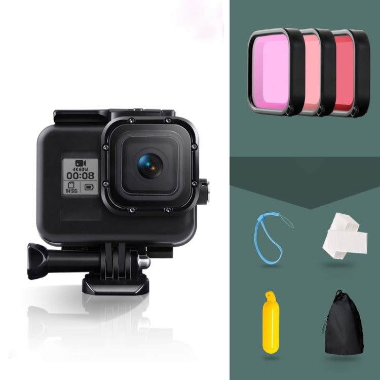 جراب واقٍ أسود مقاوم للماء لكاميرا GoPro HERO8 حتى 45 مترًا مع مشبك تثبيت أساسي وبرغي وفلاتر (أرجوانية، حمراء، وردية) ومقبض عائم وحزام وحشوات مضادة للضباب، جراب HERO8 شفاف + فلاتر