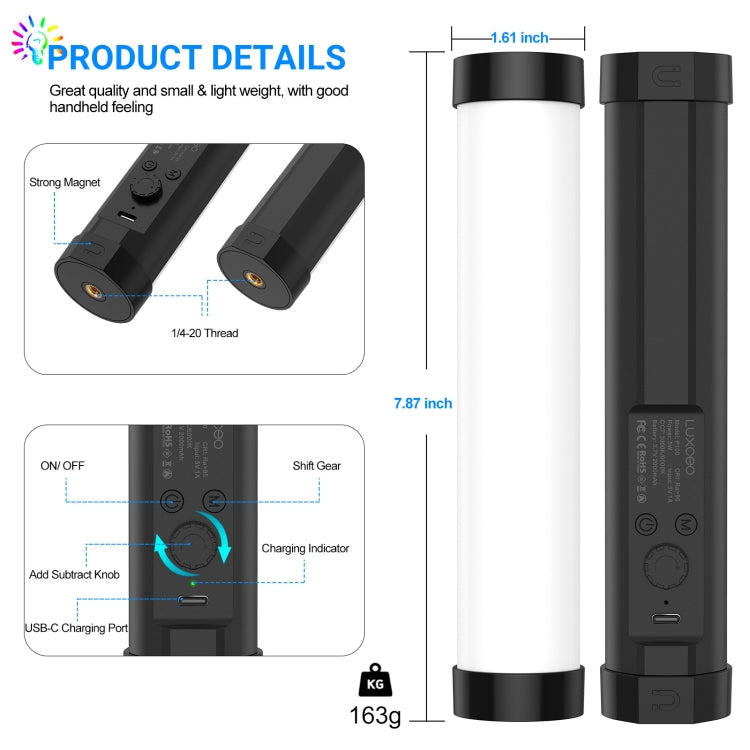 عصا إضاءة LUXCeO P100 RGB لتصوير الفيديو مزودة بإضاءة تعبئة محمولة مع جهاز تحكم عن بعد وصندوق إضاءة شبكي، P100 + صندوق إضاءة شبكي