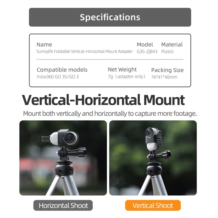For Insta360 GO 3S / GO 3 Sunnylife Foldable Vertical-Horizontal Mount Adapter Protective Frame Brackets Housing Case, Vertical-Horizontal Mount