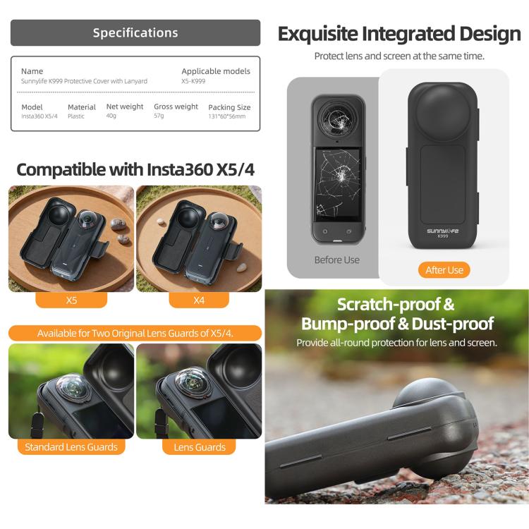 غطاء حماية للشاشة والعدسة المدمجة من Sunnylife مع حزام لكاميرا Insta360 X5 / X4