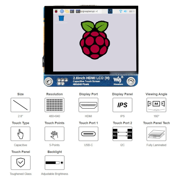 شاشة Waveshare مقاس 2.8 بوصة بدقة 480 × 640 HDMI IPS LCD (H) مغلفة بالكامل