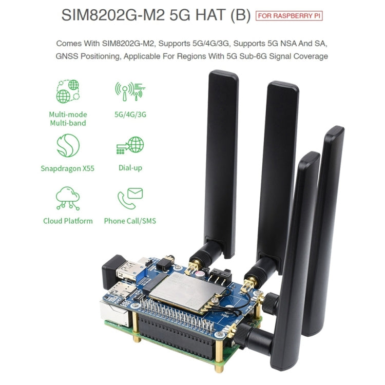 لوحة وحدة Waveshare SIM8202G-M2 5G HAT B متعددة النطاق Snapdragon X55 لـ Raspberry Pi، SIM8202G-M2 5G HAT B