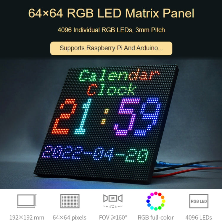 لوحة مصفوفة LED كاملة الألوان RGB من Waveshare، مسافة 3 مم، 64 × 64 بكسل، سطوع قابل للتعديل، 22100