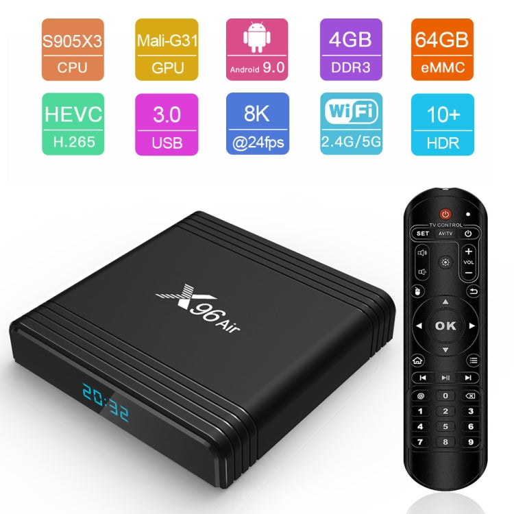صندوق تلفاز ذكي X96 Air 8K يعمل بنظام أندرويد 9.0، مشغل وسائط مع جهاز تحكم عن بعد، معالج Amlogic S905X3 رباعي النواة، ذاكرة وصول عشوائي (RAM): 4 جيجابايت، ذاكرة قراءة فقط (ROM): 32 جيجابايت، واي فاي ثنائي النطاق، بلوتوث، قابس AU، 4 جيجابايت + 32 جيجابايت