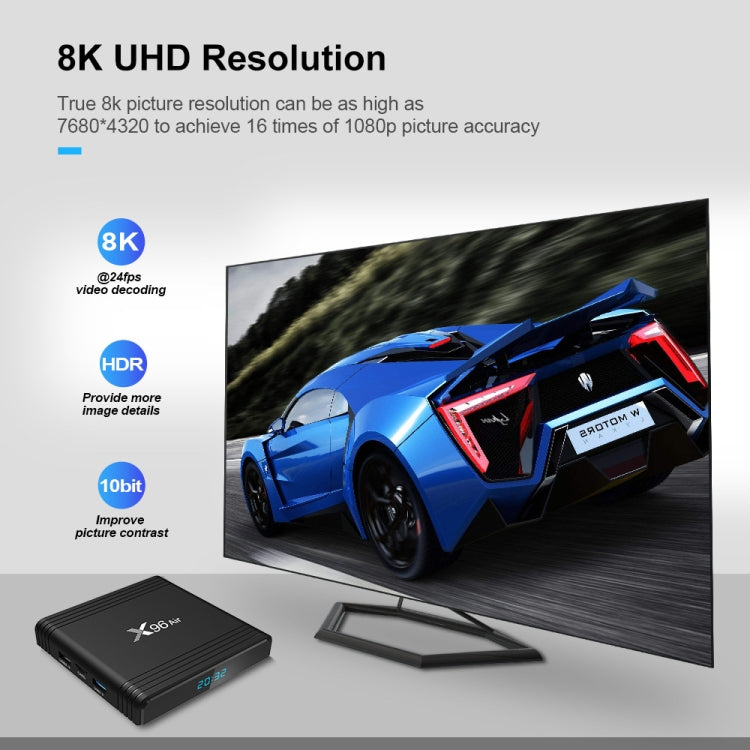 صندوق تلفاز ذكي X96 Air 8K يعمل بنظام أندرويد 9.0، مشغل وسائط مع جهاز تحكم عن بعد، معالج Amlogic S905X3 رباعي النواة، ذاكرة وصول عشوائي (RAM): 4 جيجابايت، ذاكرة قراءة فقط (ROM): 32 جيجابايت، واي فاي ثنائي النطاق، بلوتوث، قابس AU، 4 جيجابايت + 32 جيجابايت