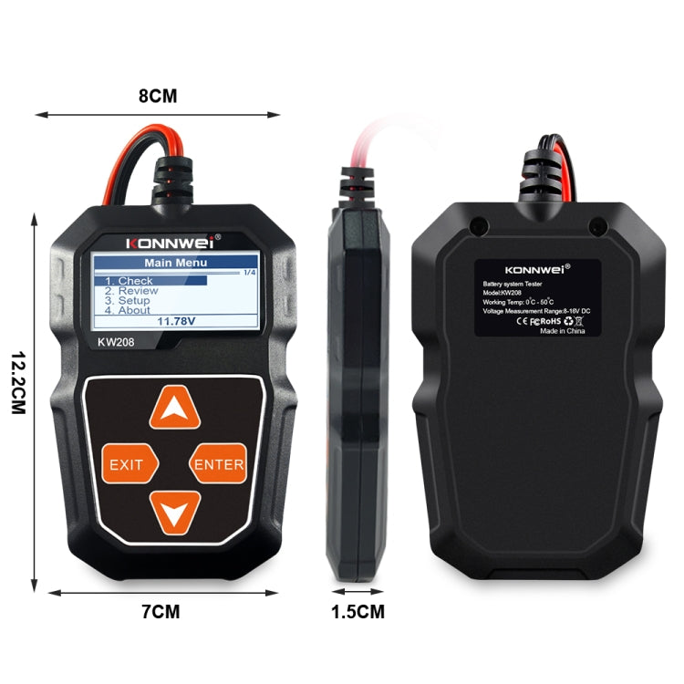 KONNWEI KW208 Car TFT Color Screen Battery Tester Support 8 Languages, KW208