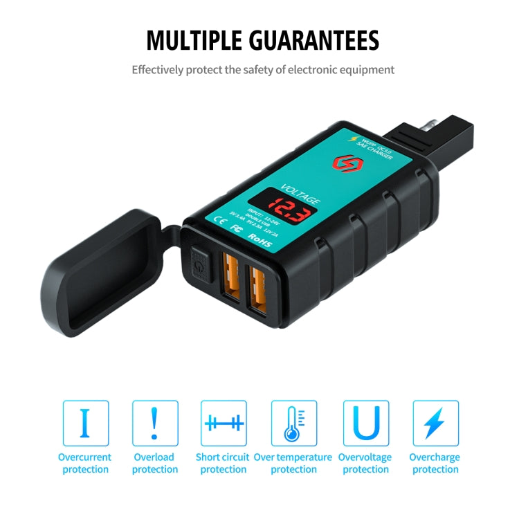 WUPP ZH-1422A2 DC12-24V Motorcycle Square Dual USB Fast Charging Charger with Switch + Voltmeter + Integrated SAE Socket + 1m SAE Socket Cable, ZH-1422A2