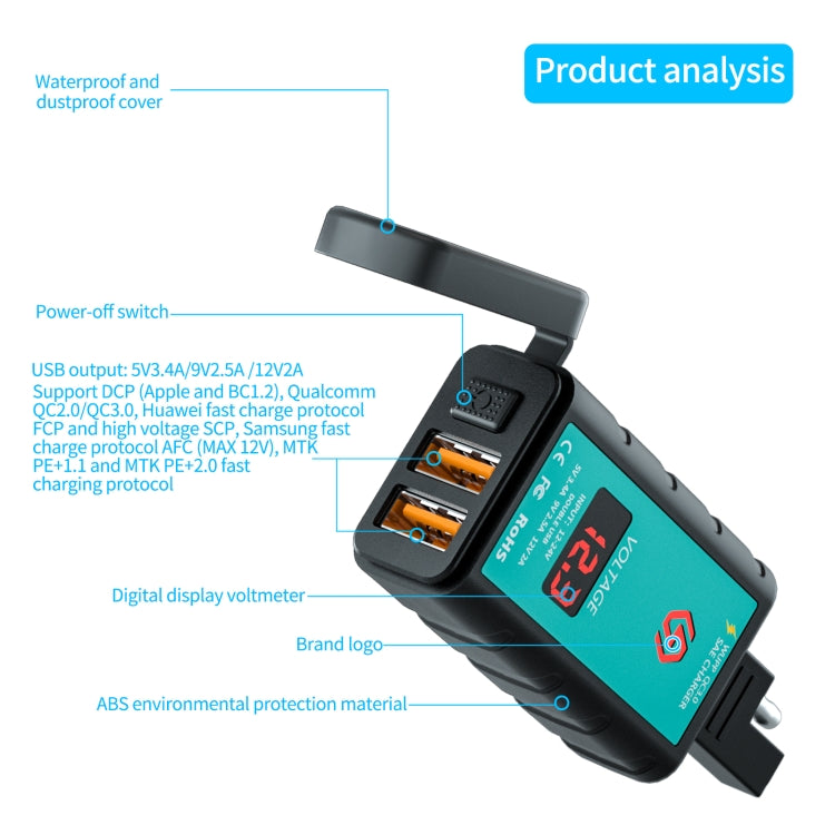 WUPP ZH-1422A2 DC12-24V Motorcycle Square Dual USB Fast Charging Charger with Switch + Voltmeter + Integrated SAE Socket + 1m SAE Socket Cable, ZH-1422A2