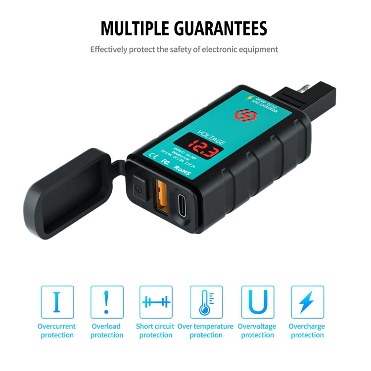 WUPP ZH-1422B1 DC12-24V Motorcycle Square Single USB + PD Fast Charging Charger with Switch + Voltmeter + Integrated SAE Socket, ZH-1422B1