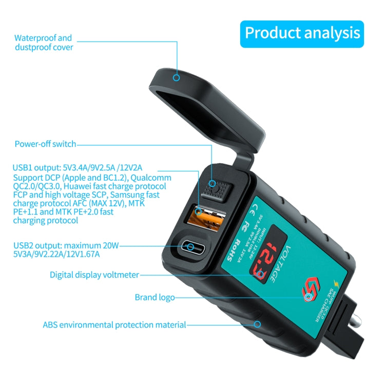 WUPP ZH-1422B1 DC12-24V Motorcycle Square Single USB + PD Fast Charging Charger with Switch + Voltmeter + Integrated SAE Socket, ZH-1422B1