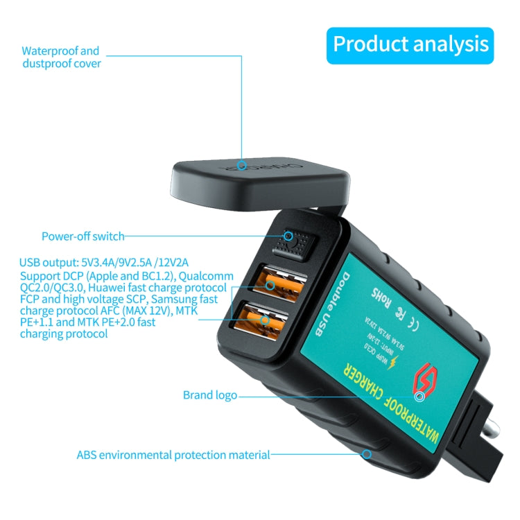 WUPP ZH-1422C3 Motorcycle Square Dual USB Fast Charging Charger with Switch + Integrated SAE Socket + 1.4m OT Terminal Cable, ZH-1422C3