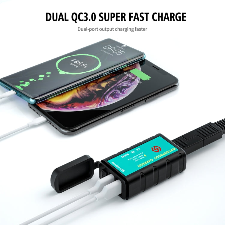 WUPP ZH-1422C3 Motorcycle Square Dual USB Fast Charging Charger with Switch + Integrated SAE Socket + 1.4m OT Terminal Cable, ZH-1422C3