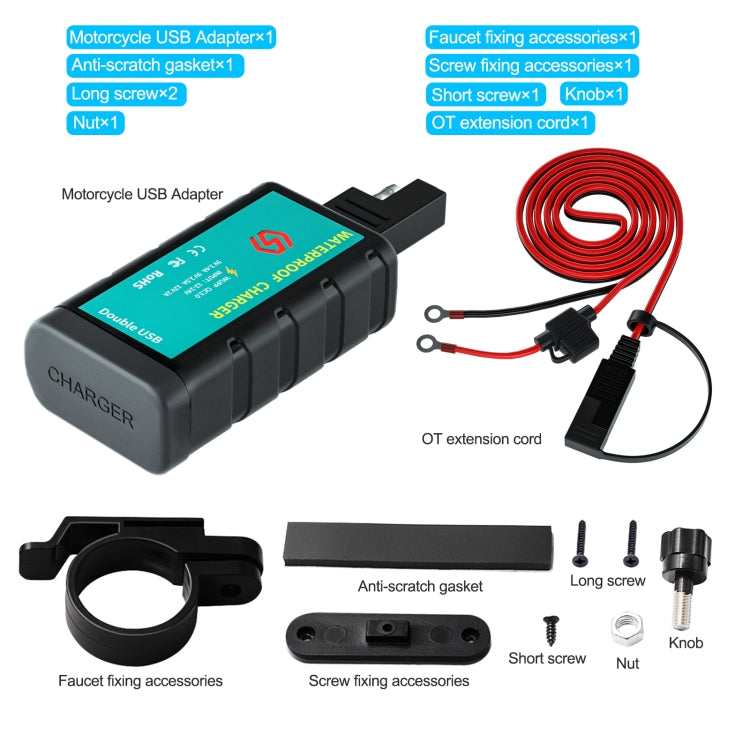 WUPP ZH-1422C3 Motorcycle Square Dual USB Fast Charging Charger with Switch + Integrated SAE Socket + 1.4m OT Terminal Cable, ZH-1422C3