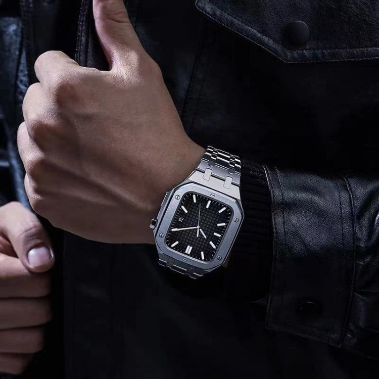 سوار ساعة معدني من خشب البلوط مدمج مع علبة ساعة لسلسلة ساعات Apple Watch Series 7 مقاس 45 مم