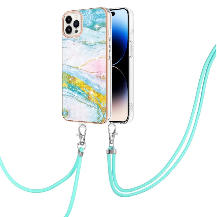جراب IMD TPU مقاوم للصدمات بنمط رخامي مطلي بالكهرباء مع حبل للرقبة، لهاتف iPhone 14، وiPhone 14 Plus، وiPhone 14 Pro، وiPhone 14 Pro Max