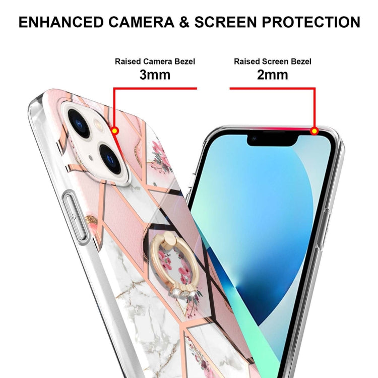 جراب TPU مقاوم للصدمات بنمط زهرة رخامية مطلية بالكهرباء مع حامل حلقي من حجر الراين، لهاتف iPhone 14، وiPhone 14 Plus، وiPhone 14 Pro، وiPhone 14 Pro Max