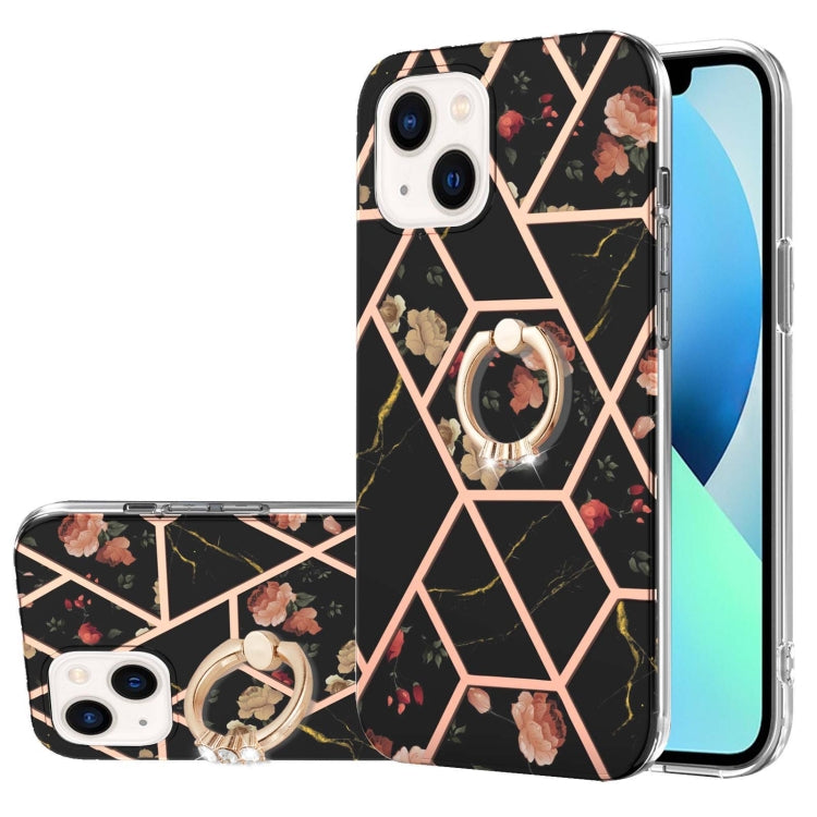 جراب TPU مقاوم للصدمات بنمط زهرة رخامية مطلية بالكهرباء مع حامل حلقي من حجر الراين، لهاتف iPhone 14، وiPhone 14 Plus، وiPhone 14 Pro، وiPhone 14 Pro Max