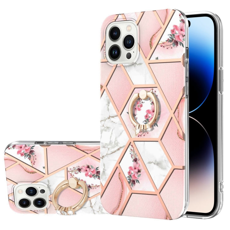 جراب TPU مقاوم للصدمات بنمط زهرة رخامية مطلية بالكهرباء مع حامل حلقي من حجر الراين، لهاتف iPhone 14، وiPhone 14 Plus، وiPhone 14 Pro، وiPhone 14 Pro Max