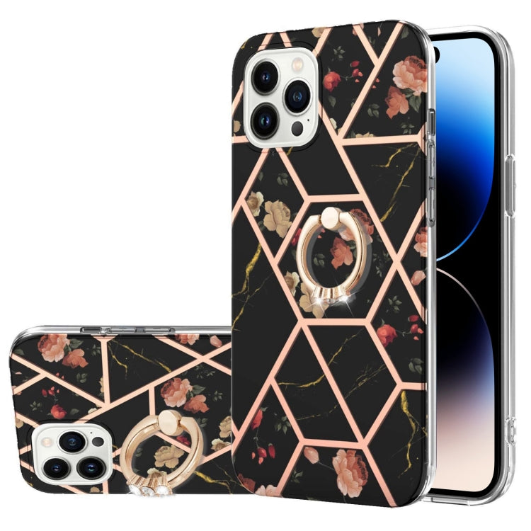 جراب TPU مقاوم للصدمات بنمط زهرة رخامية مطلية بالكهرباء مع حامل حلقي من حجر الراين، لهاتف iPhone 14، وiPhone 14 Plus، وiPhone 14 Pro، وiPhone 14 Pro Max
