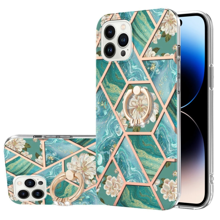 جراب TPU مقاوم للصدمات بنمط زهرة رخامية مطلية بالكهرباء مع حامل حلقي من حجر الراين، لهاتف iPhone 14، وiPhone 14 Plus، وiPhone 14 Pro، وiPhone 14 Pro Max