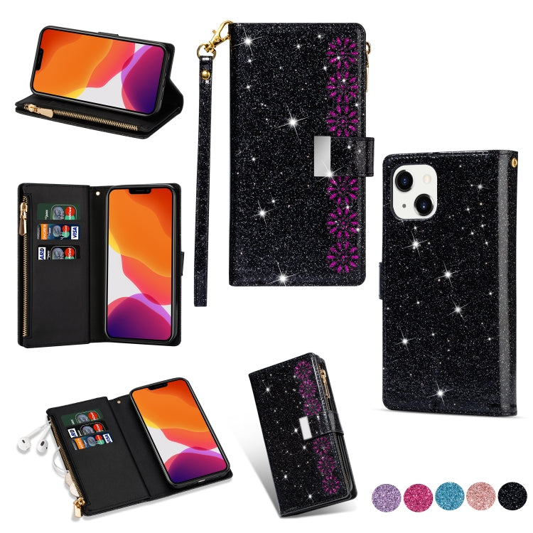 Multi-card Slots Laser Carving Glitter Zipper Leather Case, For iPhone 14, For iPhone 14 Max, For iPhone 14 Pro, For iPhone 14 Pro Max, For Samsung Galaxy Z Fold 4