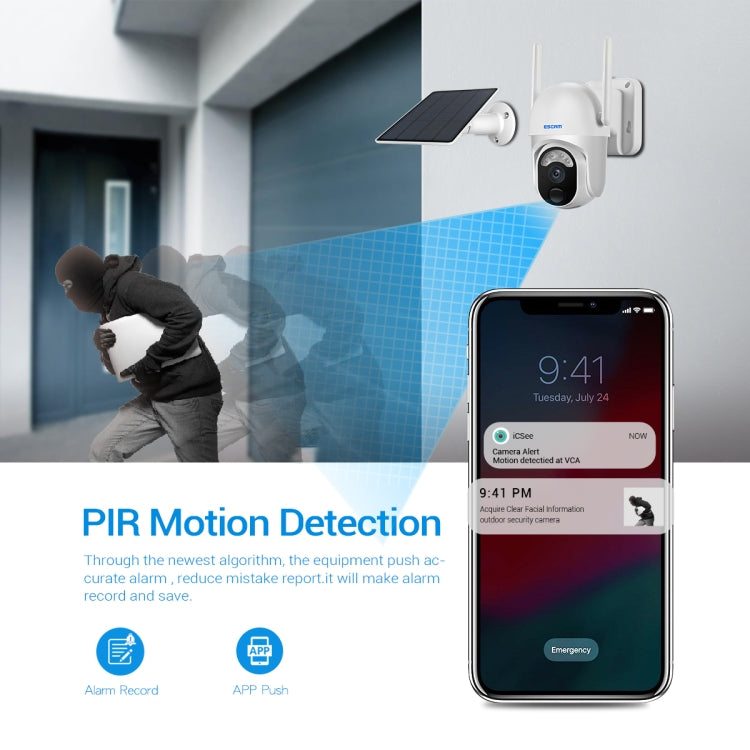 كاميرا ESCAM QF103 3MP للتخزين السحابي PT WIFI PIR إنذار IP مع بطارية تعمل بالطاقة الشمسية تدعم الرؤية الليلية بالألوان الكاملة والصوت ثنائي الاتجاه، QF103