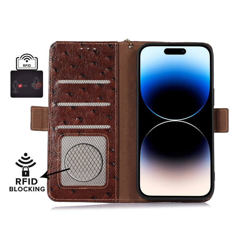Ostrich Pattern Genuine Leather RFID Phone Case, For iPhone 15 Pro Max, For iPhone 15 Pro, For iPhone 15 Plus, For iPhone 15, For iPhone 14 Plus, For iPhone 14, For iPhone 14 Pro, For iPhone 14 Pro Max