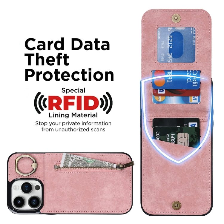 جراب هاتف بتصميم ريترو مع حلقة وسحاب وفتحة لبطاقة RFID، مناسب لأجهزة iPhone 14 وiPhone 14 Plus وiPhone 14 Pro وiPhone 14 Pro Max