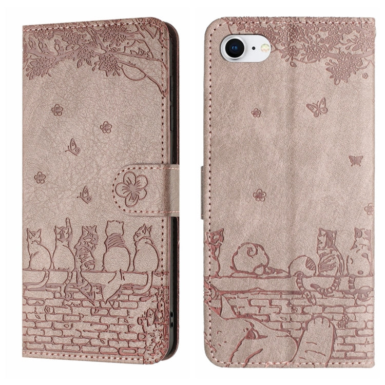 Cat Embossing Pattern Leather Phone Case with Lanyard, iPhone 16e, For iPhone 15 Pro Max, For iPhone 15 Pro, For iPhone 15 Plus