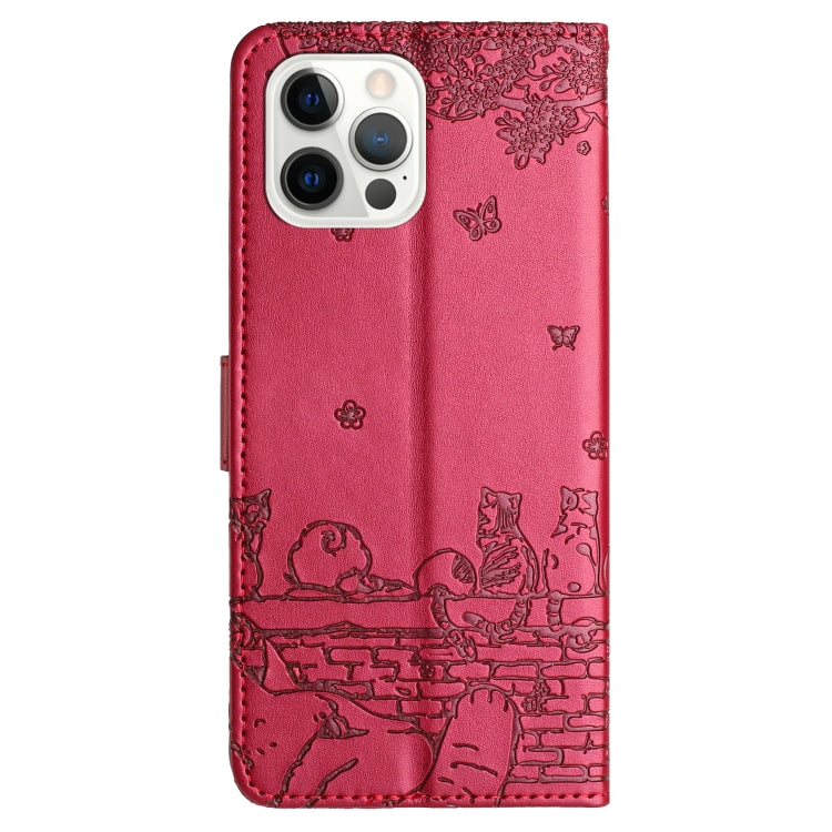 Cat Embossing Pattern Leather Phone Case with Lanyard, For iPhone 16 Pro Max, For iPhone 16 Pro, For iPhone 16 Plus, For iPhone 16