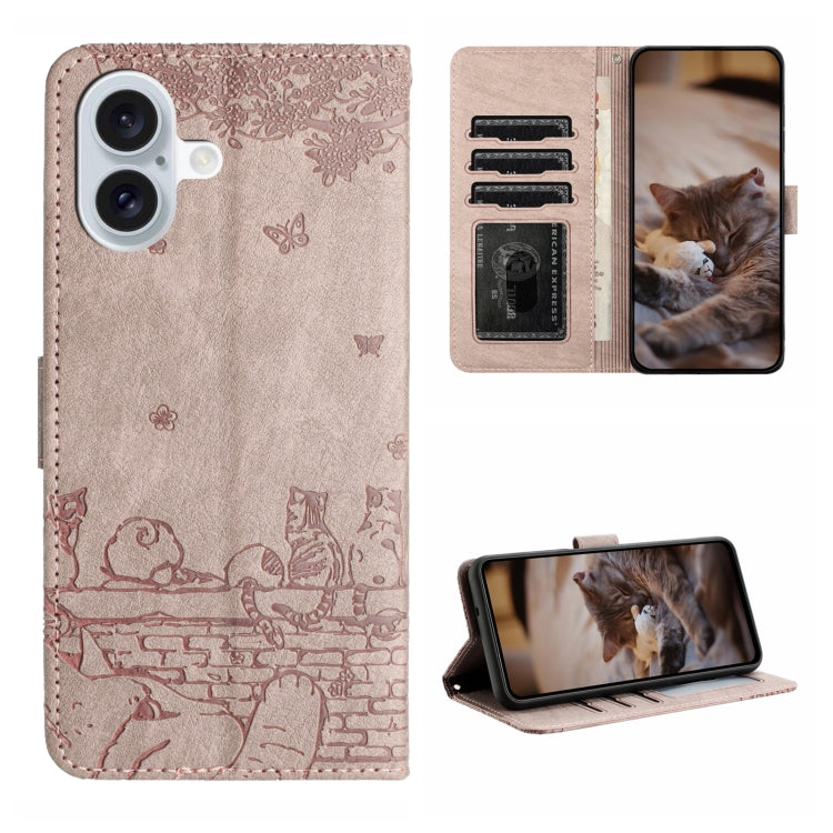 Cat Embossing Pattern Leather Phone Case with Lanyard, For iPhone 16 Pro Max, For iPhone 16 Pro, For iPhone 16 Plus, For iPhone 16
