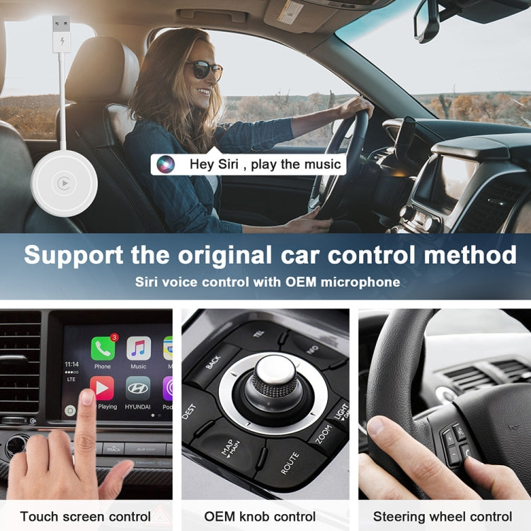 USB + USB-C / Type-C Wired to Wireless Carplay Adapter for iPhone, White Round