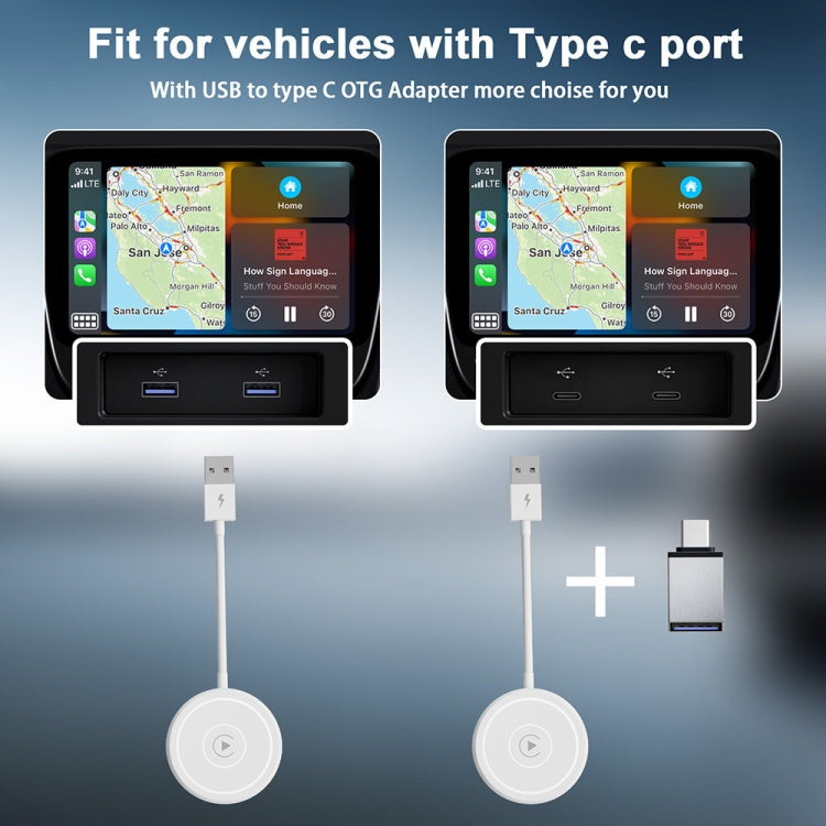 USB + USB-C / Type-C Wired to Wireless Carplay Adapter for iPhone, White Round