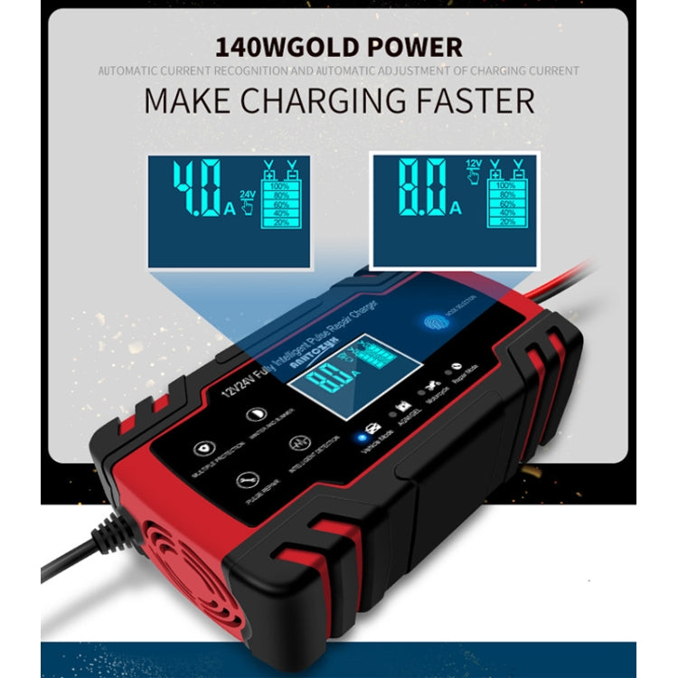 ANHTCzyx 12V 8A / 24V 4A Automobile Battery Charger Motorcycle Battery Repair Type AGM, US Plug (Red), EU Plug (Red), UK Plug (Red), AU Plug (Red)