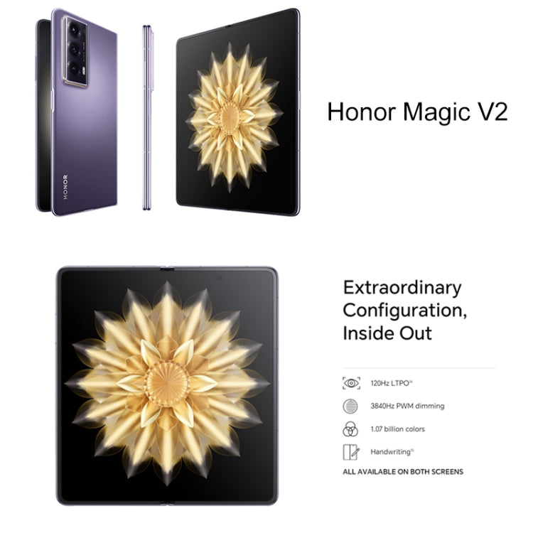 Honor Magic V2 Ultimate 5G، شاشة 7.92 بوصة + شاشة 6.43 بوصة MagicOS 7.2 Snapdragon 8 Gen2 ثماني النواة حتى 3.36 جيجاهرتز، الشبكة: 5G، OTG، لا يدعم Google Play، 16 جيجابايت + 1 تيرابايت