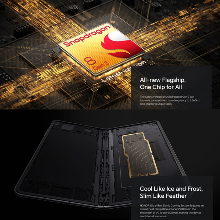 Honor Magic V2 Ultimate 5G، شاشة 7.92 بوصة + شاشة 6.43 بوصة MagicOS 7.2 Snapdragon 8 Gen2 ثماني النواة حتى 3.36 جيجاهرتز، الشبكة: 5G، OTG، لا يدعم Google Play، 16 جيجابايت + 1 تيرابايت