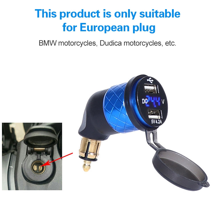 German EU Plug Special Motorcycle Elbow Charger Dual USB Voltmeter 4.2A Charger, Black, Blue, Red, Gold