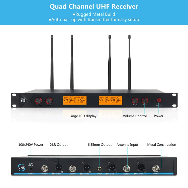 XTUGA A400-H Professional 4-Channel UHF Wireless Microphone System with 4 Handheld Microphone