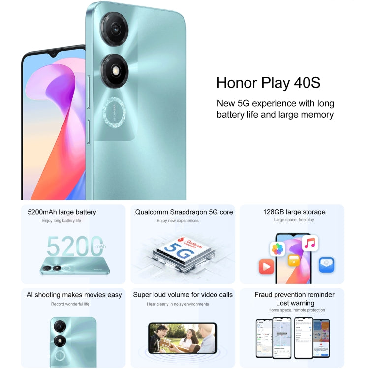 Honor Play 40S 5G، شاشة 6.56 بوصة، MagicOS 7.1، معالج Snapdragon 480 Plus ثماني النواة حتى 2.2 جيجاهرتز، شبكة 5G، لا يدعم Google Play، ذاكرة وصول عشوائي 4 جيجابايت + 128 جيجابايت
