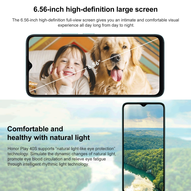 Honor Play 40S 5G، شاشة 6.56 بوصة، MagicOS 7.1، معالج Snapdragon 480 Plus ثماني النواة حتى 2.2 جيجاهرتز، شبكة 5G، لا يدعم Google Play، ذاكرة وصول عشوائي 4 جيجابايت + 128 جيجابايت
